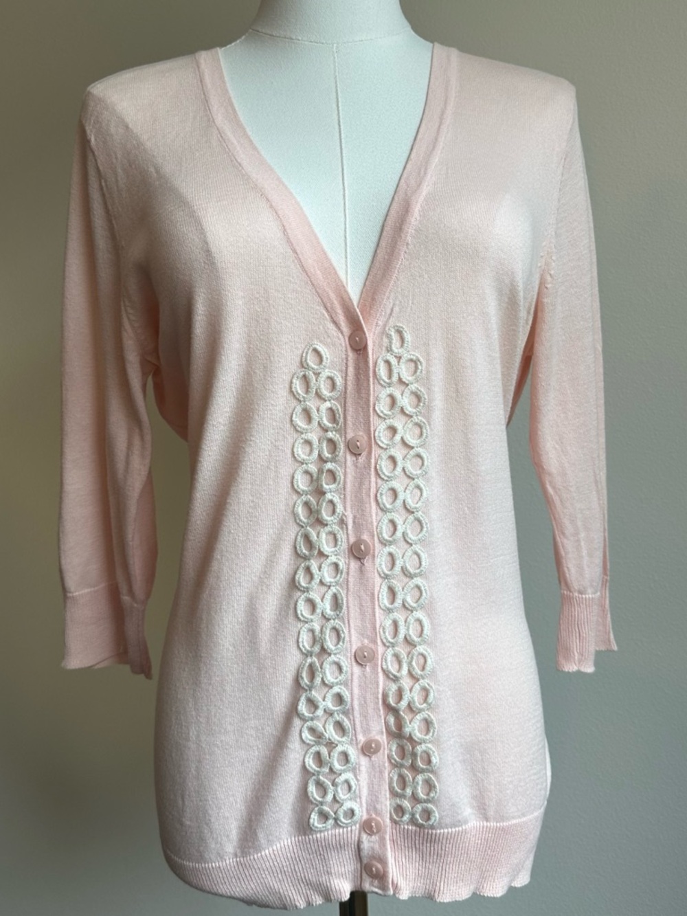 Merona Pale Pink V-Neck Vintage Style Button Up Cardigan 100% Cotton | SIZE L